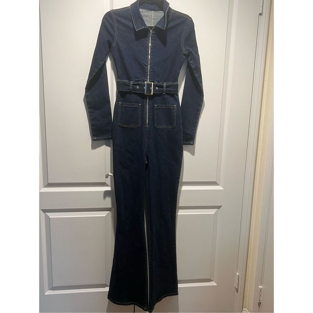 Vintage front zip tie waist jumpsuit in mid wash COLOUR: Dark wash size S - Picture 3 of 9